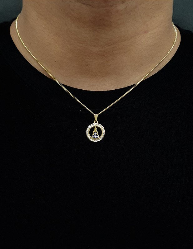 Corrente Grumet 1,4m + Pingente Nossa Senhora Cravejado Redondo Banhado A Ouro 18k COR014-PIN091