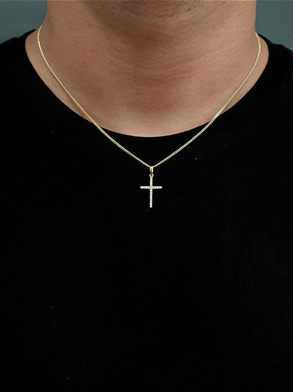 Corrente Grumet 1,4mm + Pingente Cruz Palito Chapada Cravejada Banhado A Ouro 18K COR014-PIN027