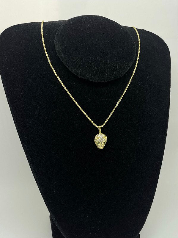 Corrente Cordão Baiano 1,6mm + Pingente Tigre Olho Verde Banhado A Ouro 18k COR003-PIN019