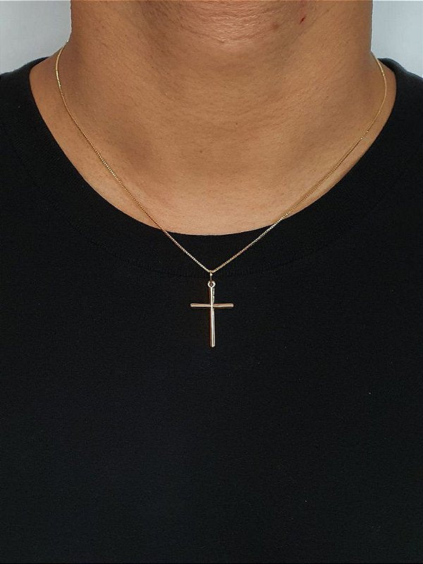 Corrente Veneziana 1mm Fecho Tradicional + Pingente Cruz Palito Lisa Banhado A Ouro 18K COR009-PIN012