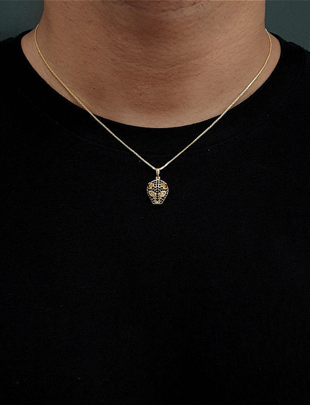 Corrente Veneziana 1mm + Pingente Tigre Com Pedra Preta Banhado A Ouro 18K COR009-PIN038