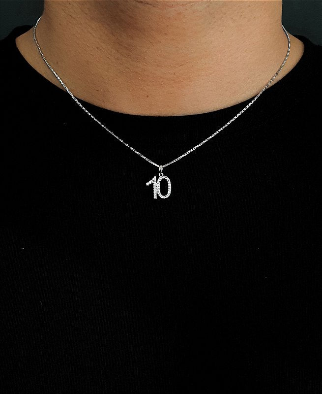 Corrente Veneziana 1mm Fecho Tradicional + Pingente Número 10 Cravejado Banhado A Ouro Branco COR002-PIN0