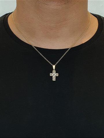 Corrente Elo Portugues 1,8mm + Pingente Cruz Cravejada e Vazada Banhado A Ouro 18k
