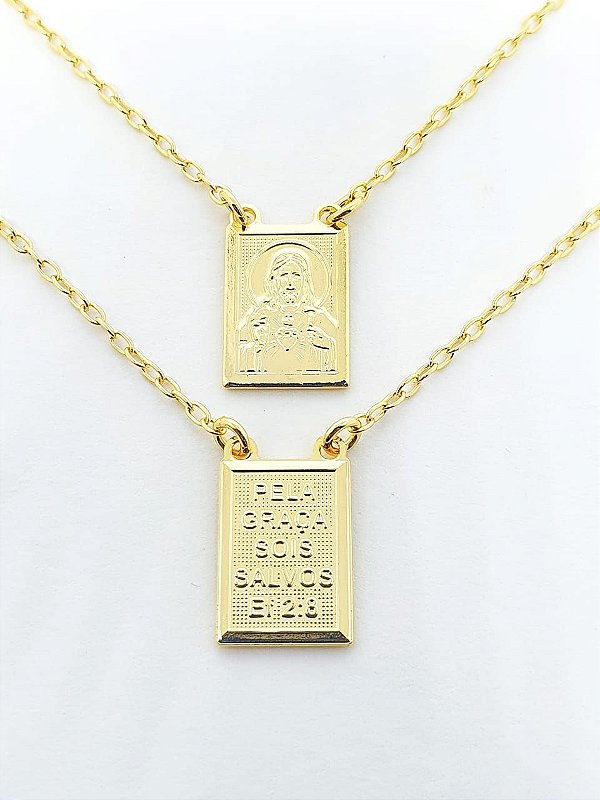 Escapulário Corrente Elo Cadeado Jesus-Nossa Senhora 10mmX14mm Banhado A Ouro 18k ESC009