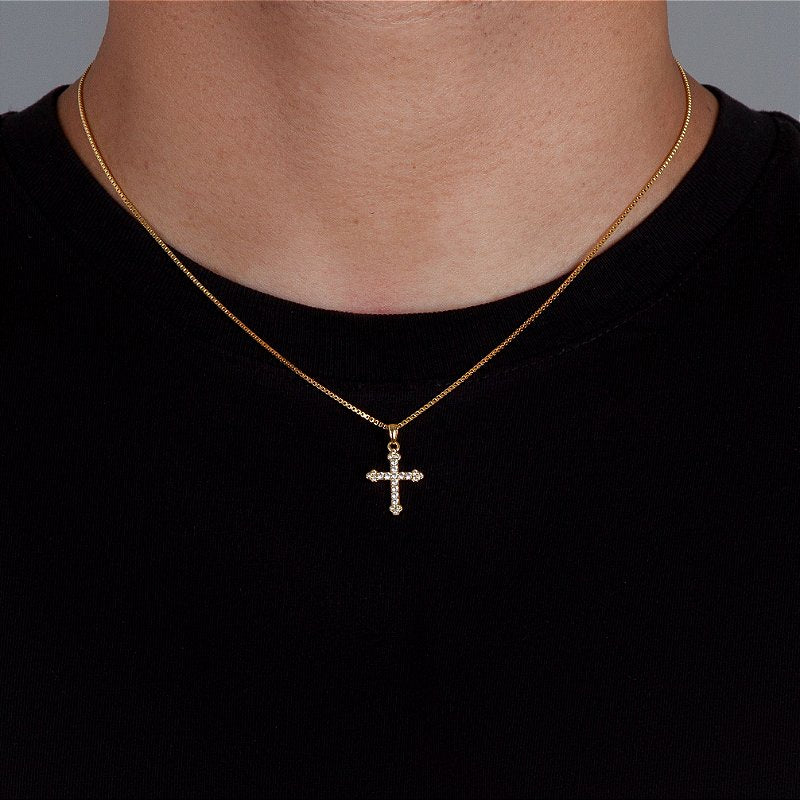 Corrente Veneziana 1mm + Pingente Cruz Cravejada Palito Banhado A Ouro 18k COR009-PIN003