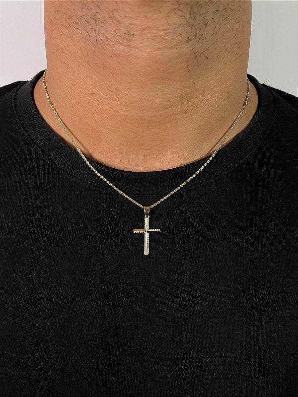 Corrente Cordão Baiano 1,6mm + Pingente Cruz Linear Banhado A Ouro 18K COR003-PIN130
