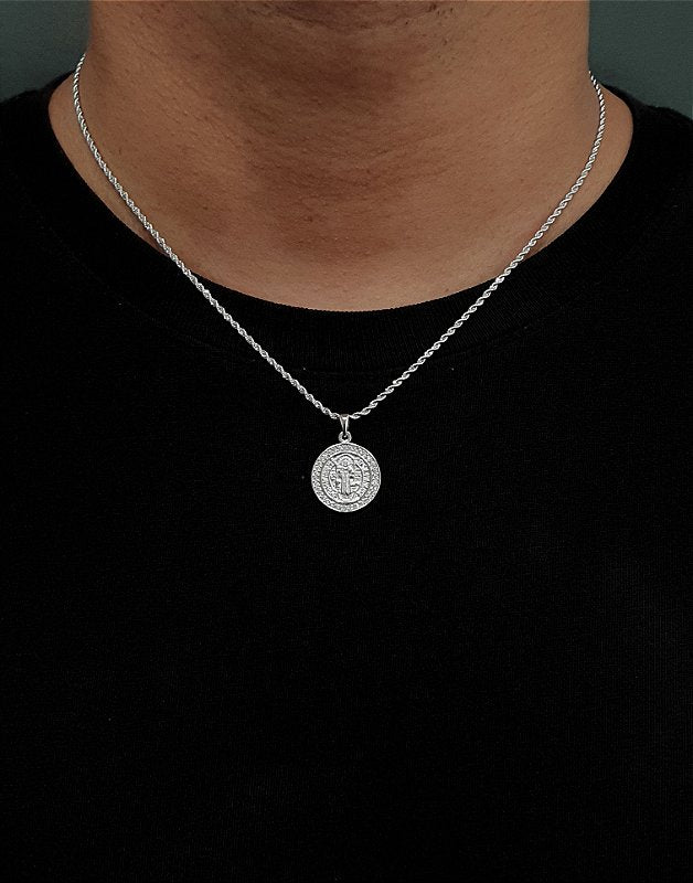 Corrente Cordão Baiano 50cm 1,6mm + Pingente São Bento Cravejado Banhado A Ouro Branco COR001-PIN021