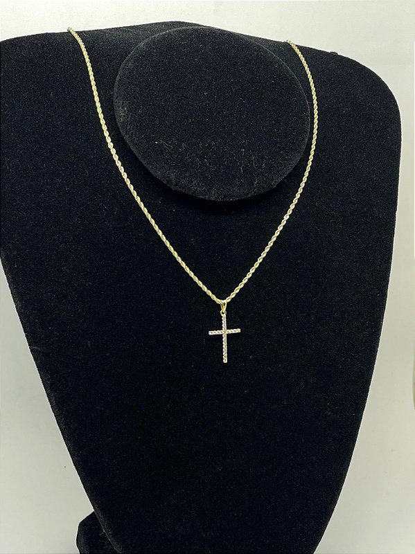 Corrente Cordão Baiano 1,6mm + Pingente Cruz Palito Chapada Cravejada Banhado A Ouro 18K COR003-PIN027
