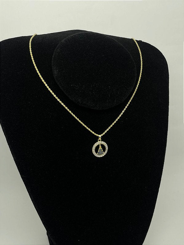 Corrente Cordão Baiano 1,6mm + Pingente Nossa Senhora Cravejado Redondo Banhado A Ouro 18k COR003-PIN091
