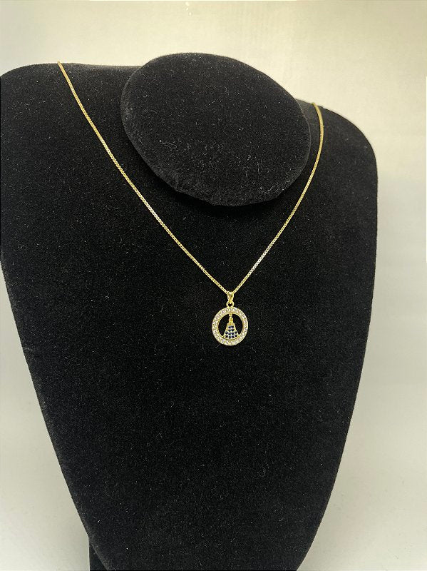 Corrente Veneziana 1mm + Pingente Nossa Senhora Cravejado Redondo Banhado A Ouro 18k COR009-PIN091