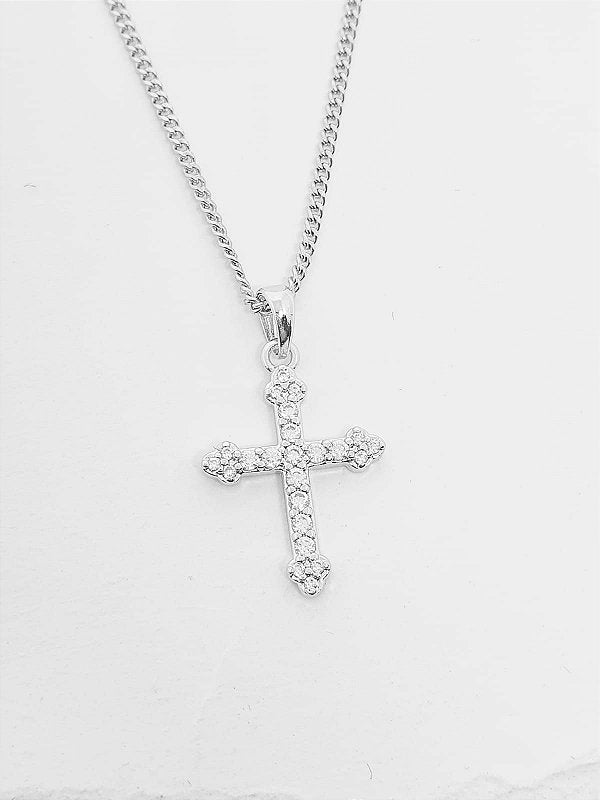 Pingente Cruz Cravejada Palito Banhado A Ouro Branco PIN001