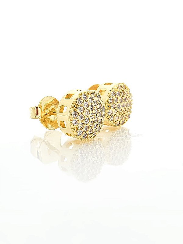 Brinco Masculino Par Redondo Cravejado Torre (9mm) Banhado A Ouro 18k BRI064