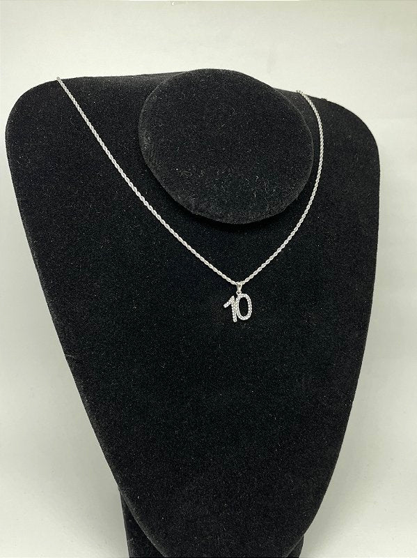 Corrente Cordão Baiano 1,6mm + Pingente Número 10 Cravejado Banhado A Ouro Branco COR001-PIN082