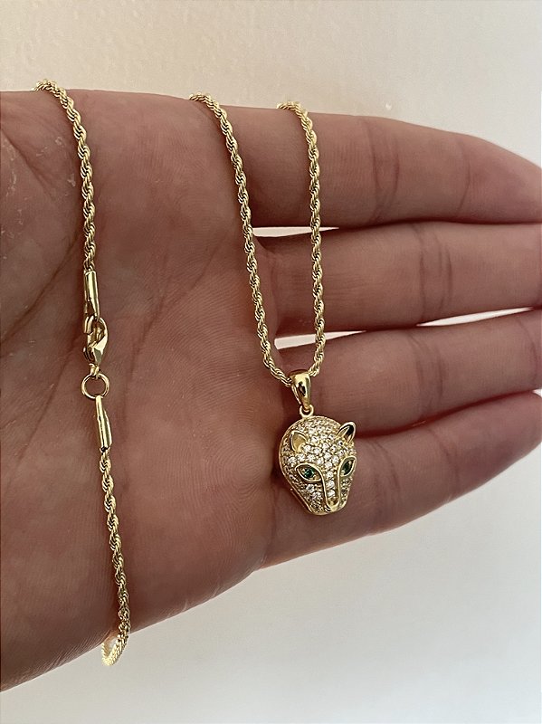 Corrente Cordão Baiano 1,6mm + Pingente Tigre Olho Verde Banhado A Ouro 18k COR003-PIN019