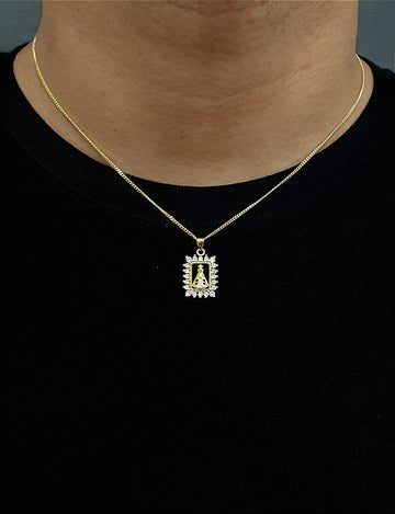 Corrente Grumet 1,4m + Pingente Nossa Senhora Cravejado Quadrado Banhado A Ouro 18k COR014-PIN089