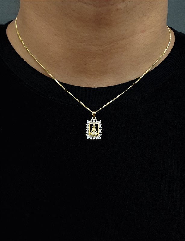 Corrente Grumet 1,4m + Pingente Nossa Senhora Cravejado Quadrado Banhado A Ouro 18k COR014-PIN089