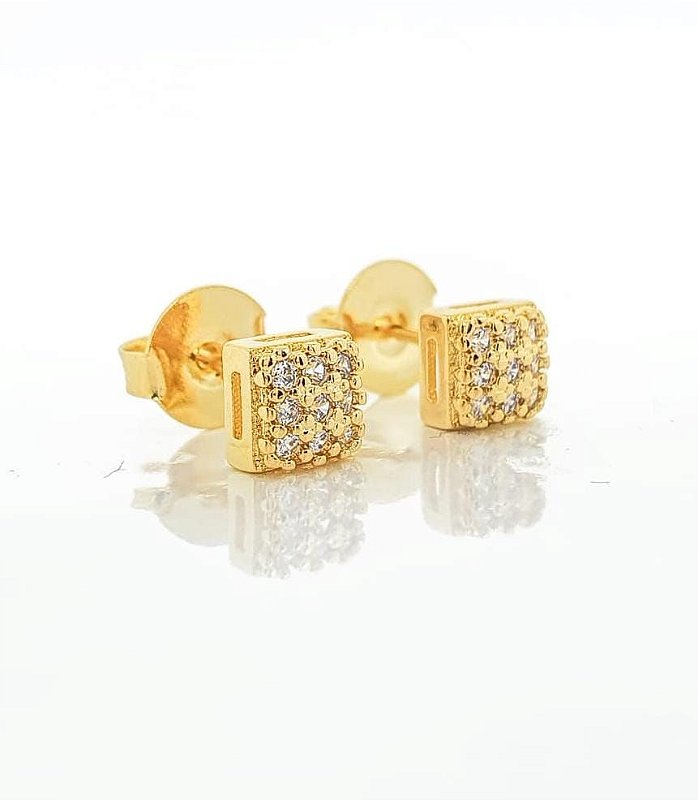 Brinco Masculino Par Quadrado Cravejado Com 9 Pedras Banhado A Ouro 18k BRI043