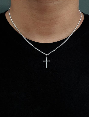 Corrente Cordão Baiano 1,6mm + Pingente Cruz Palito Chapada Cravejada Banhado A Ouro Branco COR001-PIN0