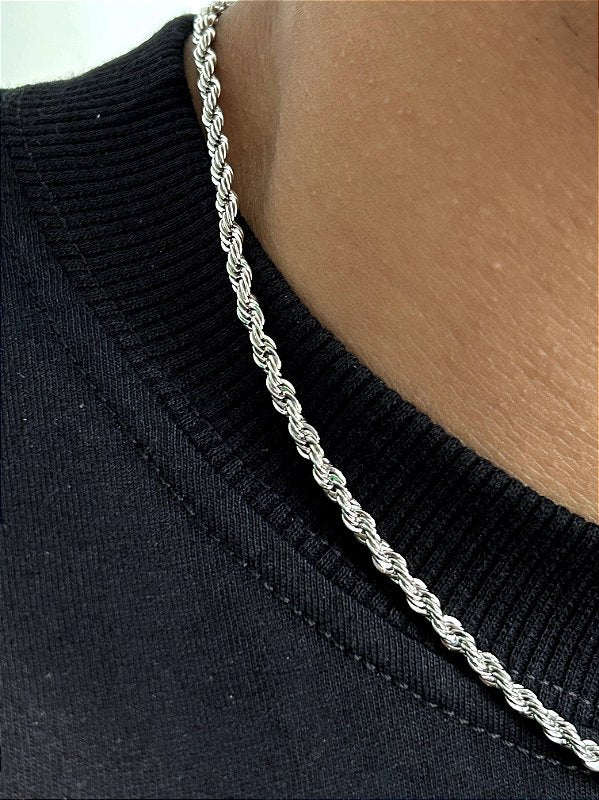 Corrente Cordão Baiano 3mm Fecho Tradicional Banhada a Ouro Branco COR067