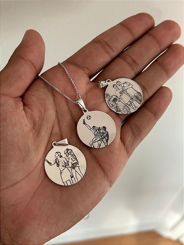 Corrente + Pingente Medalha Redonda Personalizada Banhada A Ouro Branco