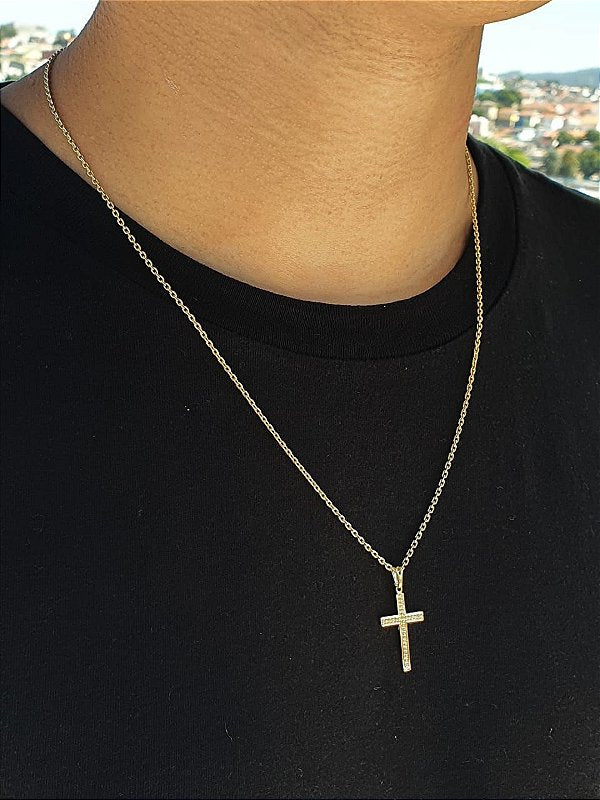 Corrente Elo Cadeado 2mm Fecho Tradicional + Pingente Cruz Detalhe Pontinhos Banhada A Ouro18k COR008-P