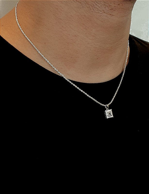 Corrente Cordão Baiano 1,6mm + Pingente Quadrado Cravejado Banhado A Ouro Branco BRI001-PIN008