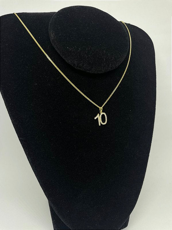Corrente Grumet 1,4mm + Pingente Número 10 Cravejado Banhado A Ouro 18k COR014-PIN083