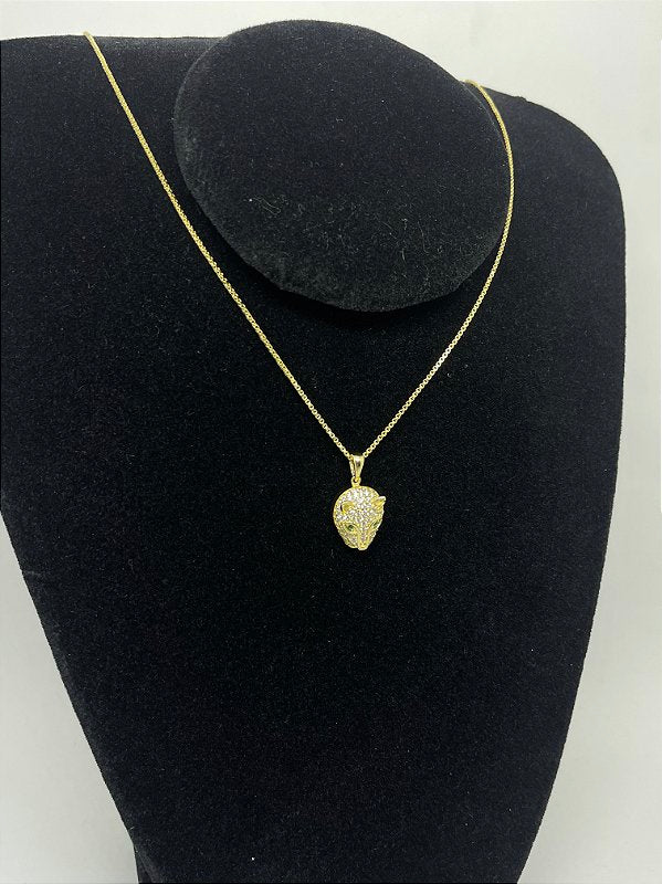 Corrente Veneziana 1mm + Pingente Tigre Olho Verde Banhado A Ouro 18k COR009-PIN019