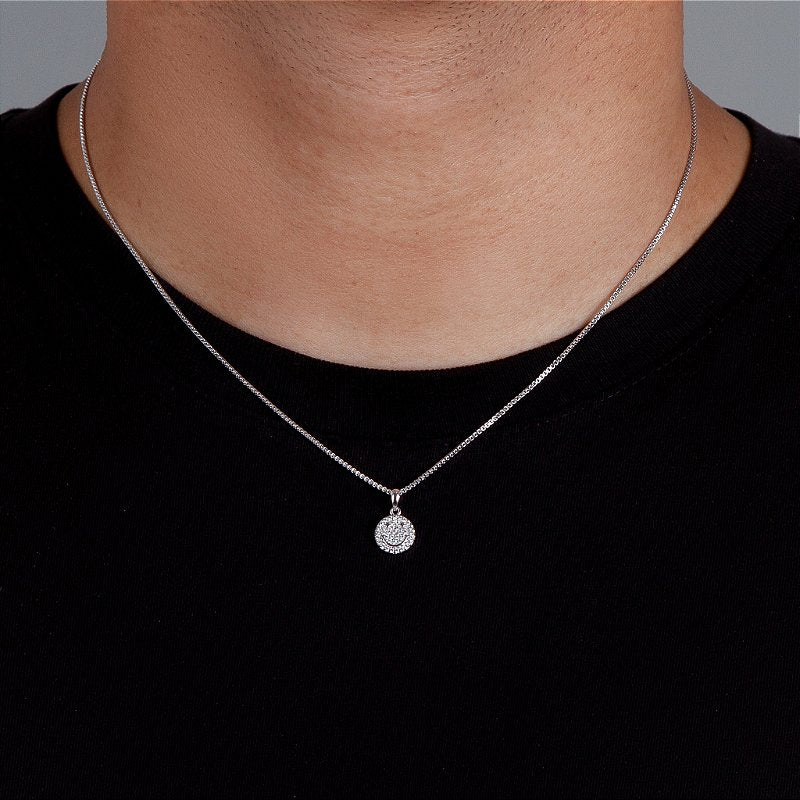 Corrente Veneziana 1mm + Pingente Smile Redondo Cravejado Banhado A Ouro Branco COR002-PIN002