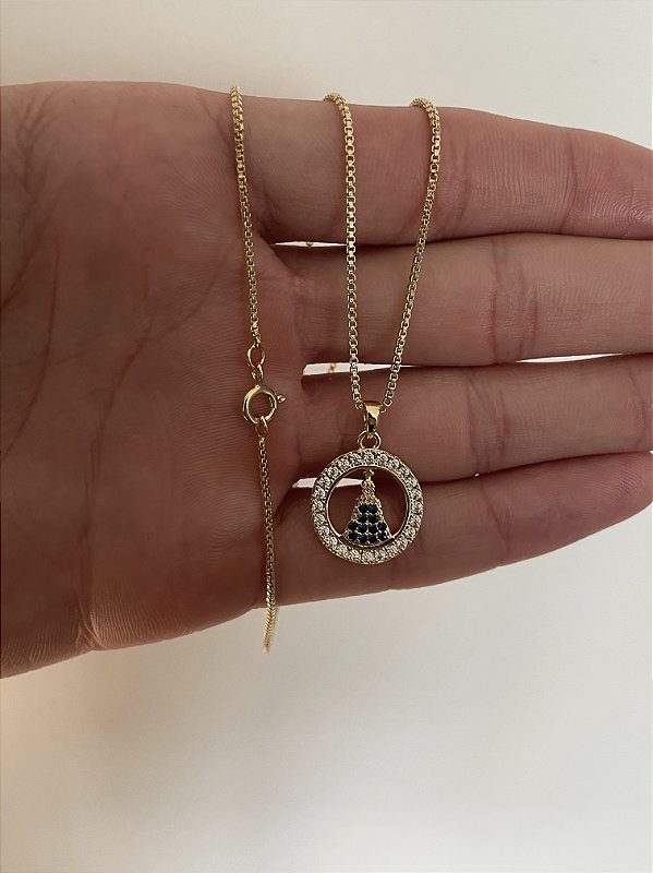 Corrente Veneziana 1mm + Pingente Nossa Senhora Cravejado Redondo Banhado A Ouro 18k COR009-PIN091
