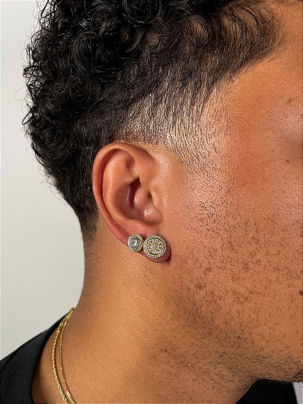 Kit Brinco Masculino Par Redondo Cravejado Pedra Retangular + Brinco Fílip Imperial Banhado A Ouro 18k BRI167-BRI