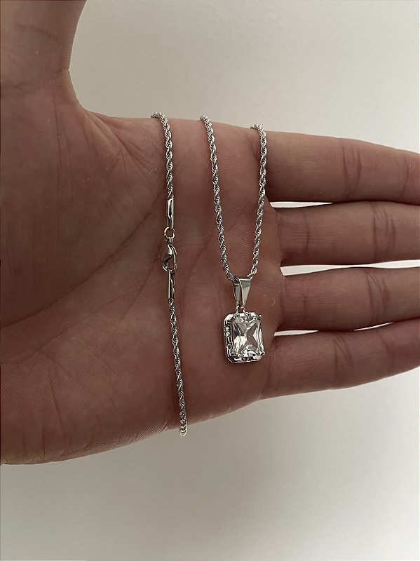 Corrente Cordão Baiano 1,6mm + Pingente Prisma Banhado A Ouro Branco COR001-PIN131