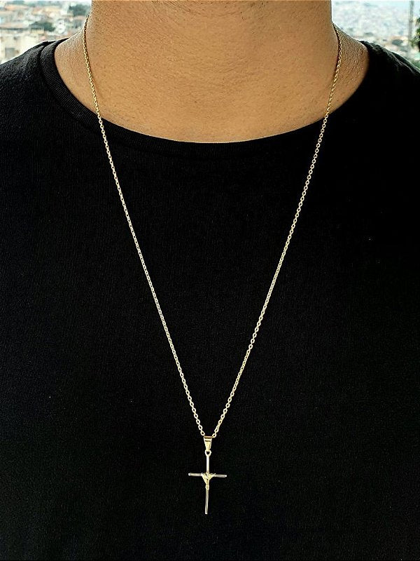 Corrente Elo Cadeado 2mm Fecho Tradicional + Pingente Cruz Palito Trançada Banhada A Ouro 18k COR011-PIN0
