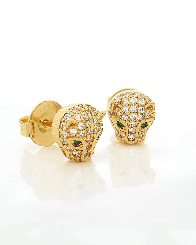 Brinco Masculino Par Tigre Olho Verde Banhado A Ouro 18k BRI033
