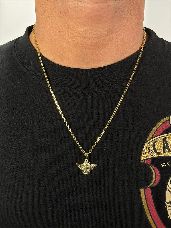 Corrente Elo Cadeado 4mm + Pingente Anjo Banhado A Ouro 18k COR082-PIN141