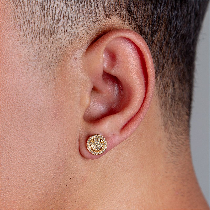 Brinco Masculino Par Smile Cravejado (9,8mm) Banhado A Ouro 18k BRI065
