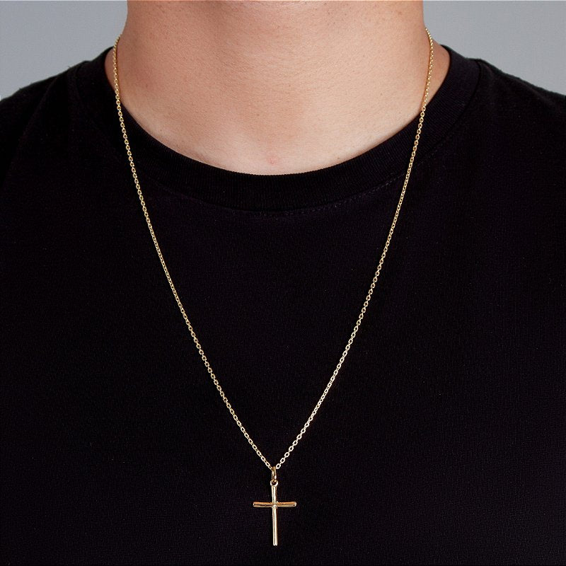 Corrente Elo Cadeado 2mm Fecho Tradicional + Pingente Cruz Palito Lisa Banhada A Ouro 18k COR011-PIN012