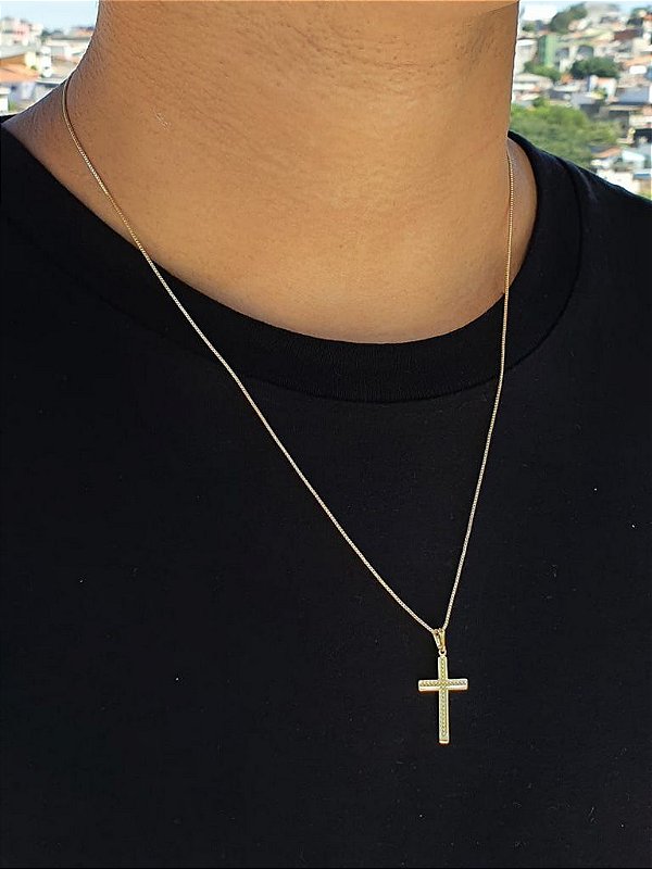 Corrente Veneziana 1,2mm Fecho Tradicional + Pingente Cruz Detalhe Pontinhos Banhada A Ouro 18k COR006-PI
