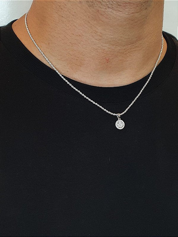 Corrente Cordão Baiano 1,6mm + Pingente Smile Redondo Cravejado Banhado A Ouro Branco COR001-PIN002