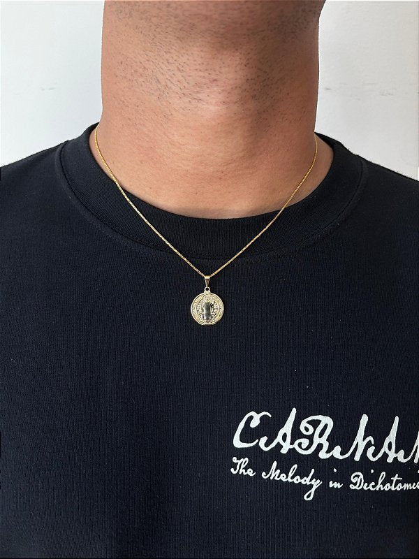 Corrente Veneziana 1mm + Pingente São Bento Liso Banhado A Ouro 18k COR009-PIN135