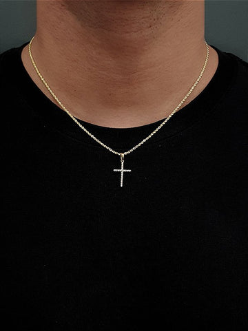 Corrente Cordão Baiano 1,6mm + Pingente Cruz Palito Chapada Cravejada Banhado A Ouro 18K COR003-PIN027