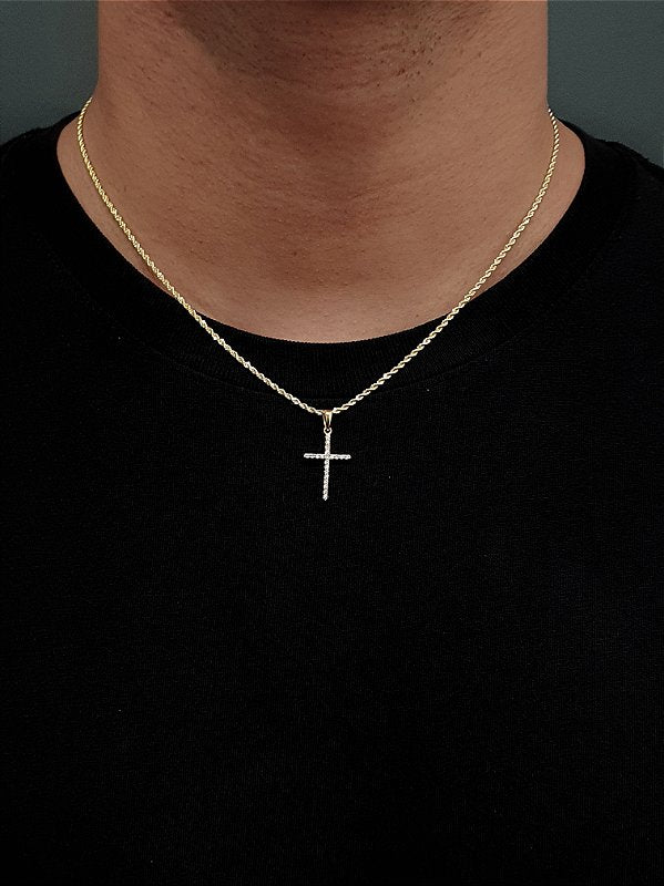 Corrente Cordão Baiano 1,6mm + Pingente Cruz Palito Chapada Cravejada Banhado A Ouro 18K COR003-PIN027