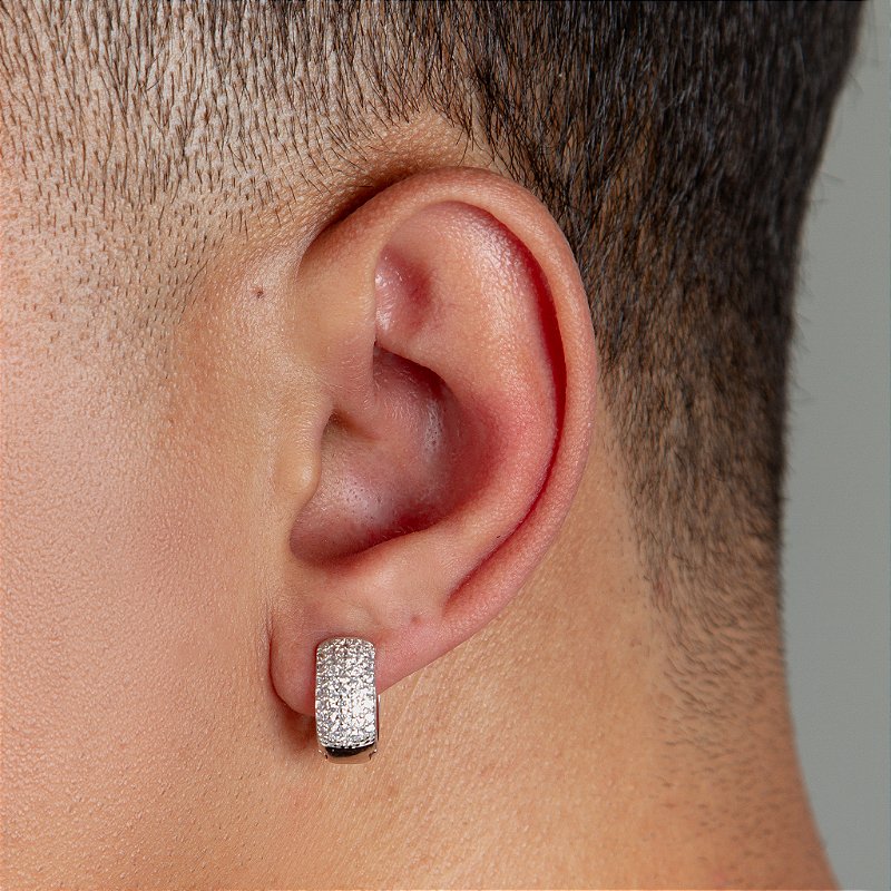 Brinco Masculino Par Argola Cravejada Com 29 Pedras G Banhada A Ouro Branco BRI032