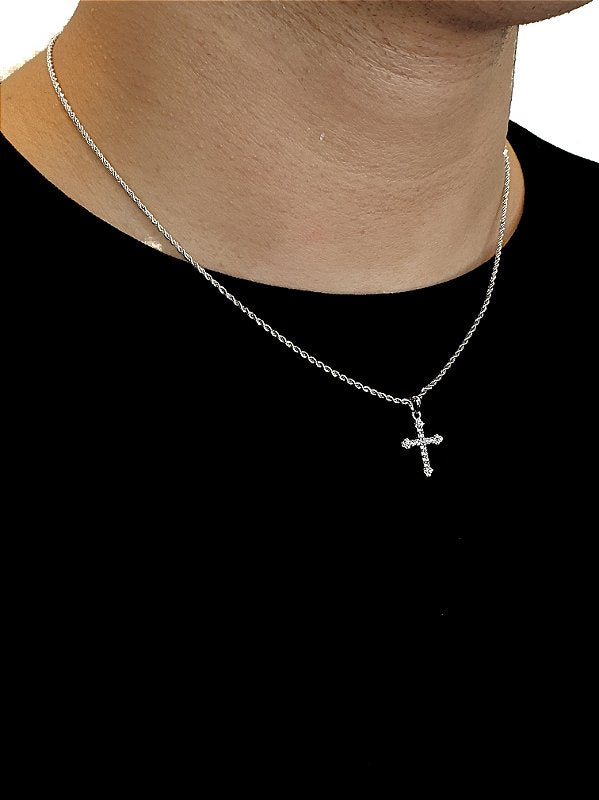 Corrente Cordão Baiano 1,6mm + Pingente Cruz Cravejada Palito Banhado A Ouro Branco COR001-PIN001