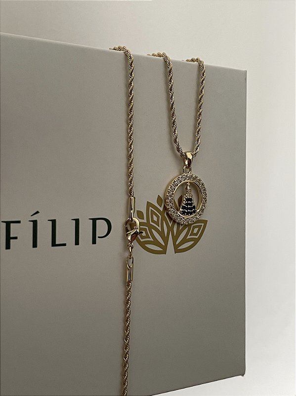 Corrente Cordão Baiano 1,6mm + Pingente Nossa Senhora Cravejado Redondo Banhado A Ouro 18k COR003-PIN091