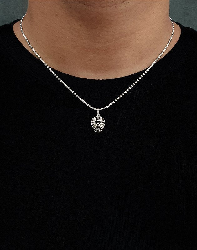 Corrente Cordão Baiano 1,6mm + Pingente Tigre Com Pedra Preta Banhado A Ouro Branco COR001-PIN018