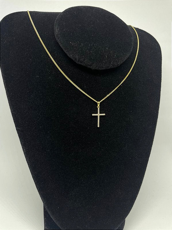 Corrente Grumet 1,4mm + Pingente Cruz Palito Chapada Cravejada Banhado A Ouro 18K COR014-PIN027