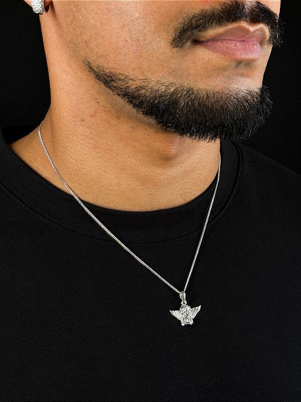 Kit Corrente Grumet 1,4mm + Pingente Anjo + Brinco Masculino Par Argola Cravejada Com 16 Pedras (13,3X7,7