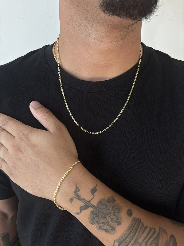 Kit Corrente Elo Cadeado + Pulseira Elo Cadeado 4mm Banhado A Ouro 18K