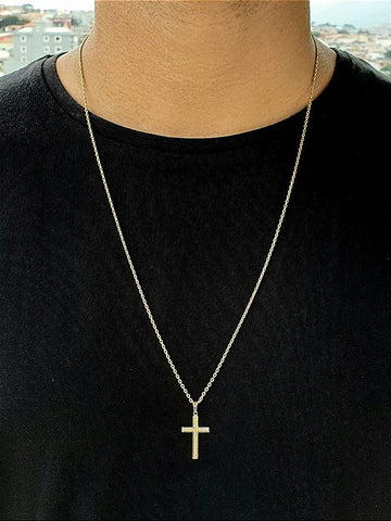 Corrente Elo Cadeado 2mm Fecho Tradicional + Pingente Cruz Detalhe Pontinhos Banhada A Ouro 18k COR011-PI